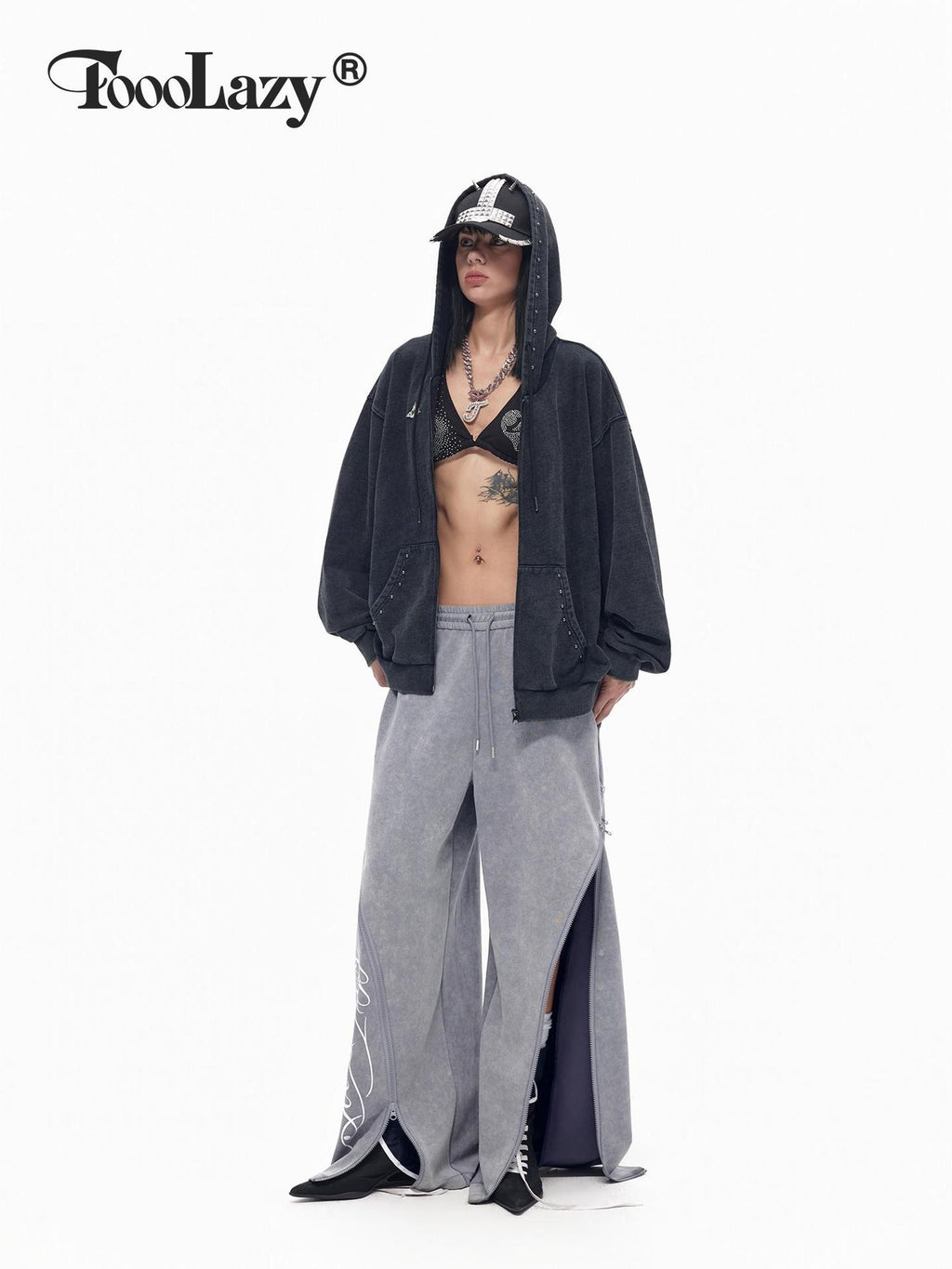 TOOOLAZY Gray Distressed Side Zipper Split Wide Leg Women's Rayon Blend Sweatpants