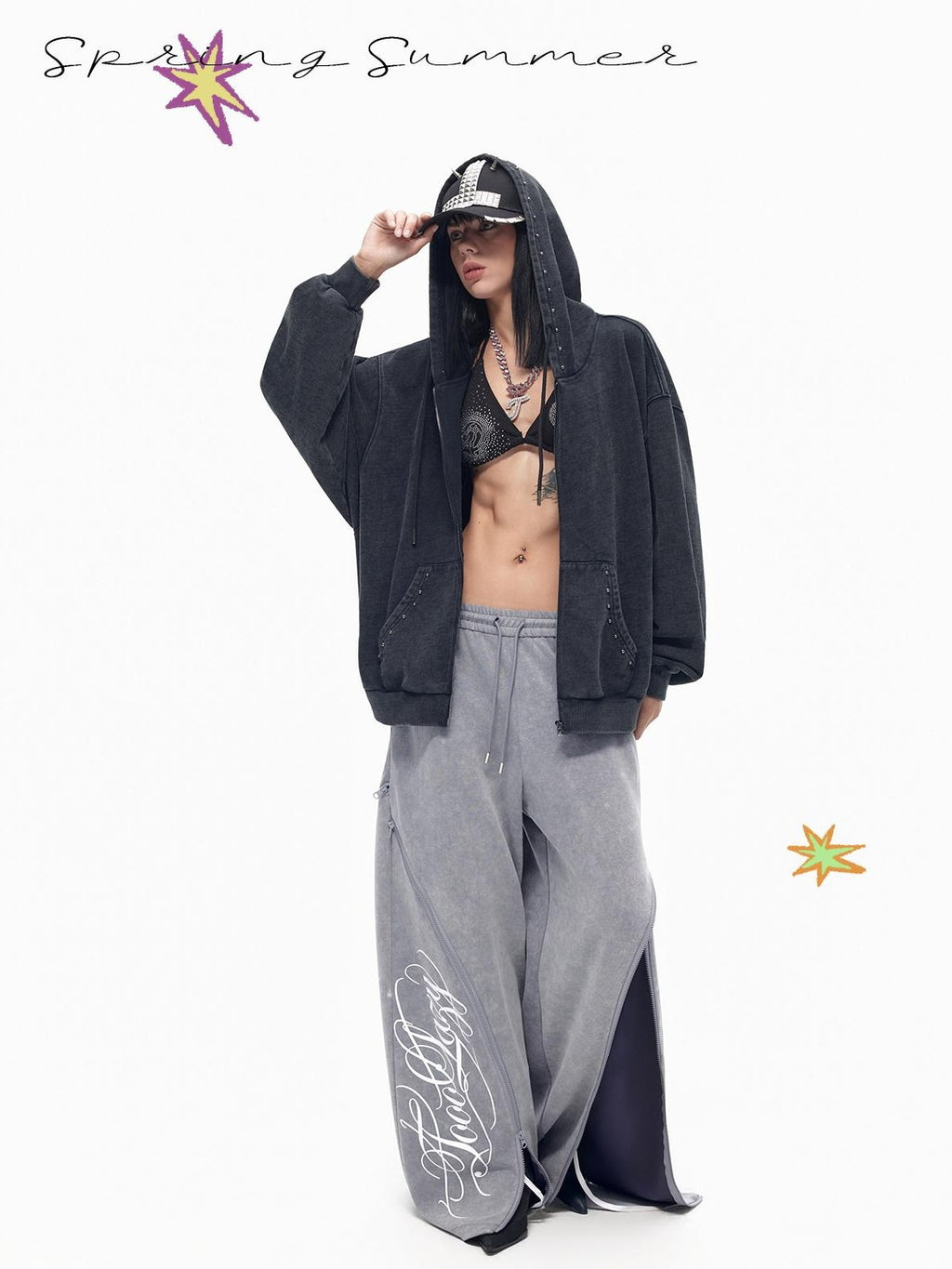 TOOOLAZY Gray Distressed Side Zipper Split Wide Leg Women's Rayon Blend Sweatpants