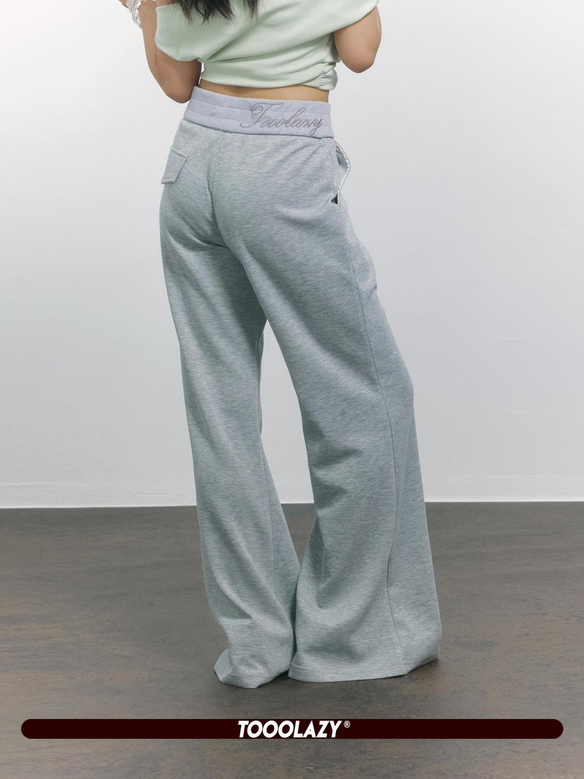 TOOOLAZY Gray High Waist Micro Flare Draped Floor Length Women's Viscose Sweatpants
