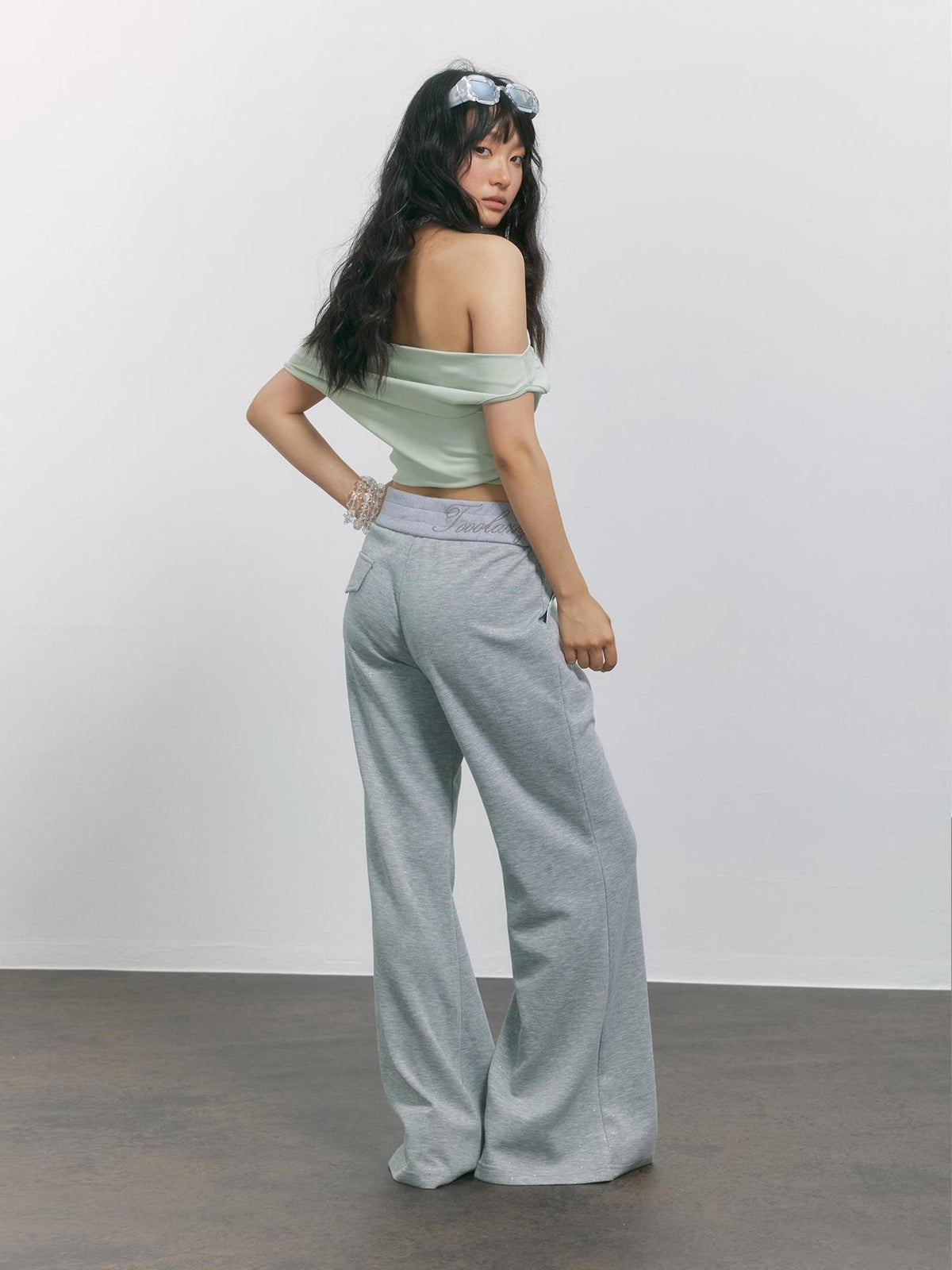 TOOOLAZY Gray High Waist Micro Flare Draped Floor Length Women's Viscose Sweatpants