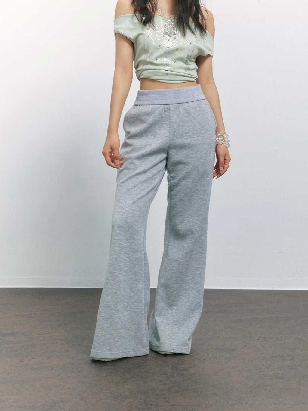 TOOOLAZY Gray High Waist Micro Flare Draped Floor Length Women's Viscose Sweatpants