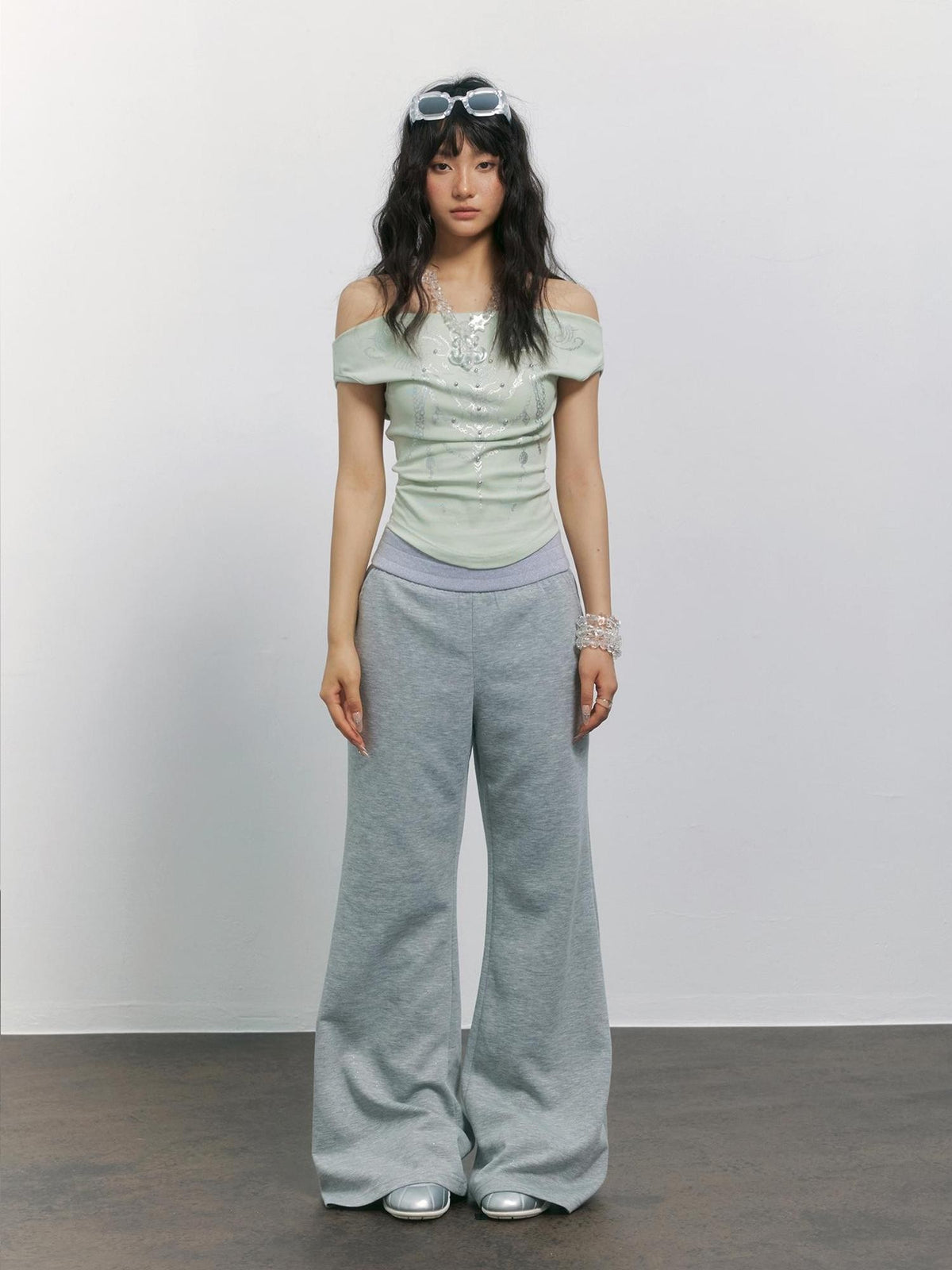 TOOOLAZY Gray High Waist Micro Flare Draped Floor Length Women's Viscose Sweatpants