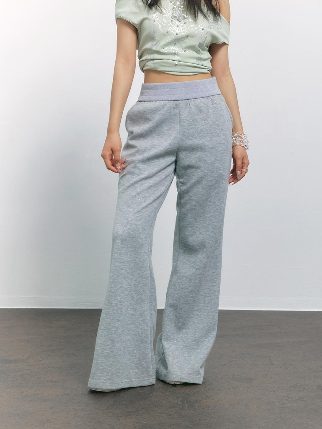 TOOOLAZY Gray High Waist Micro Flare Draped Floor Length Women's Viscose Sweatpants