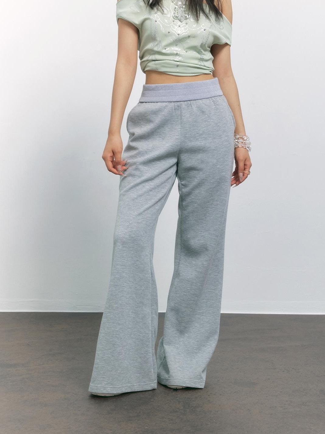 TOOOLAZY Gray High Waist Micro Flare Draped Floor Length Women's Viscose Sweatpants