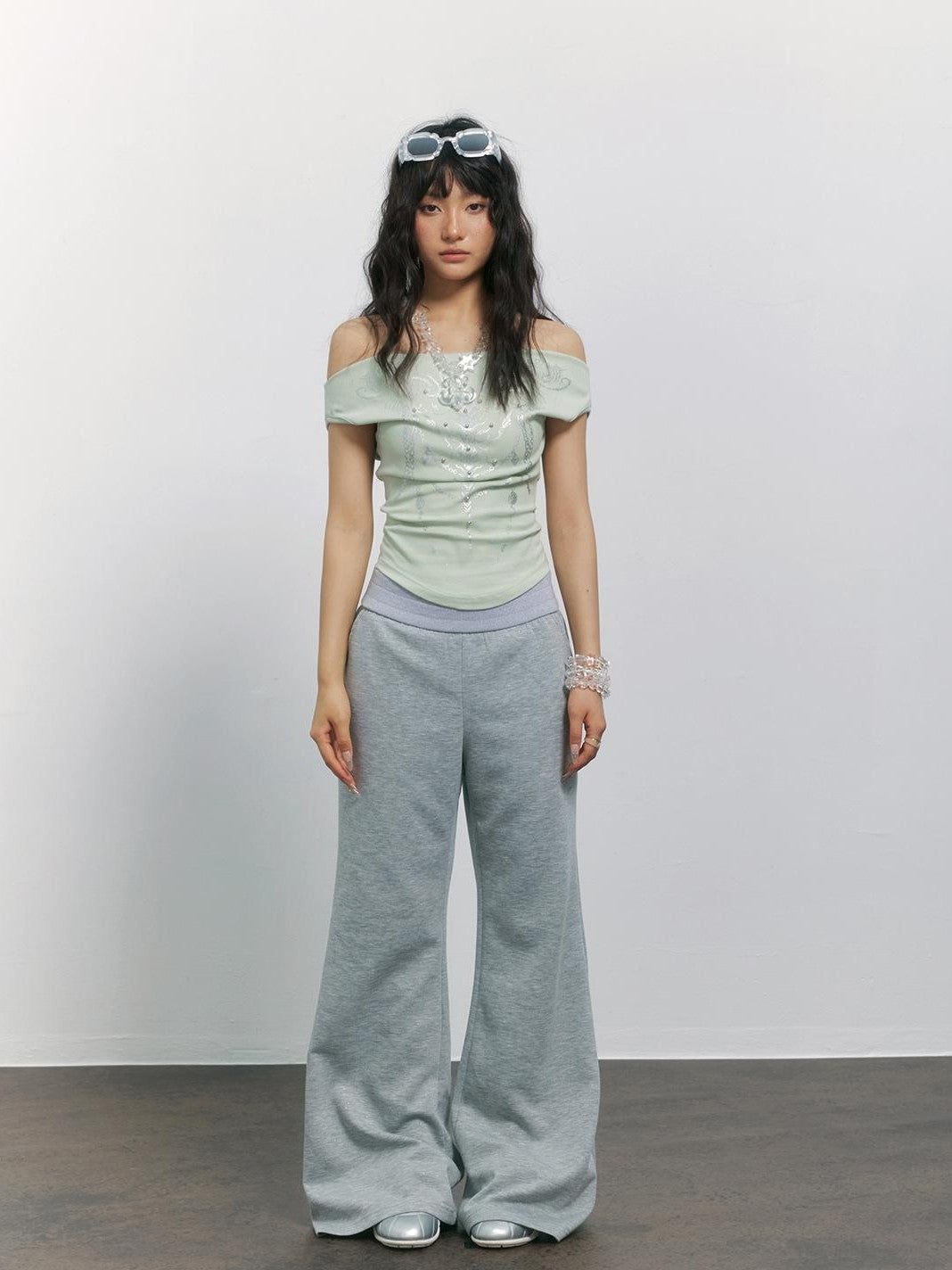 TOOOLAZY Gray High Waist Micro Flare Draped Floor Length Women's Viscose Sweatpants