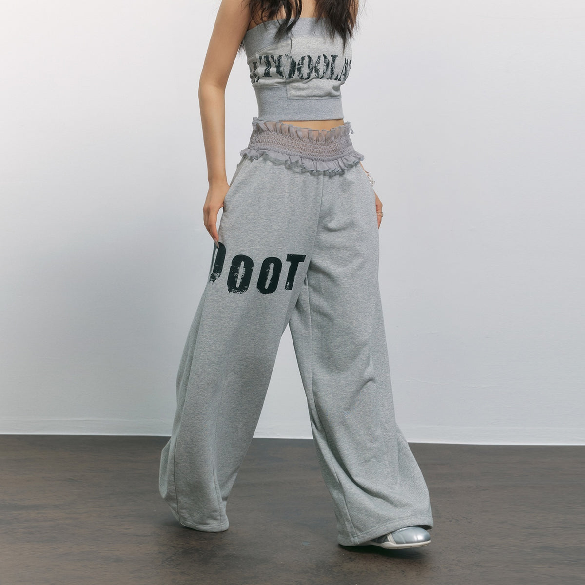 TOOOLAZY_Gray_Letter_Print_Lace_Waist_High_Waist_Women's_Cotton_Blend_Wide-leg_Pants_1056009231460_MISSTT