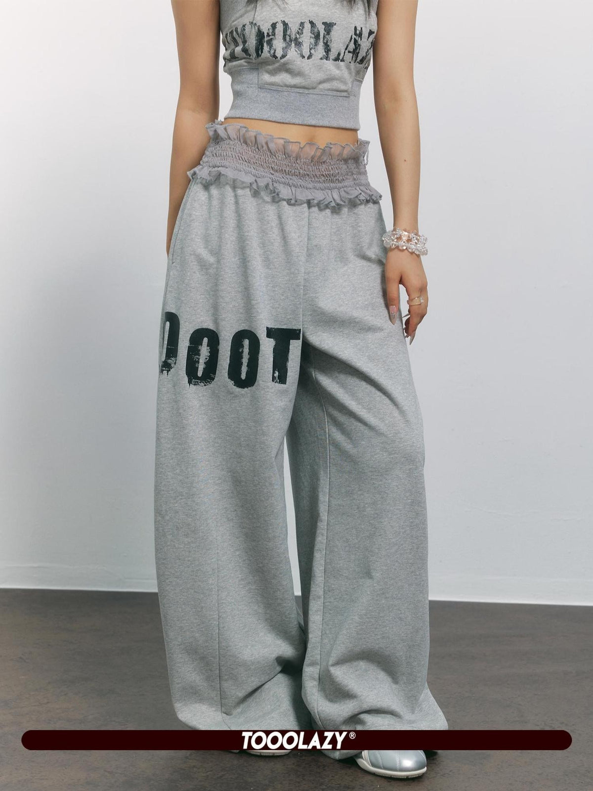 TOOOLAZY Gray Letter Print Lace Waist High Waist Women's Cotton Blend Wide-leg Pants