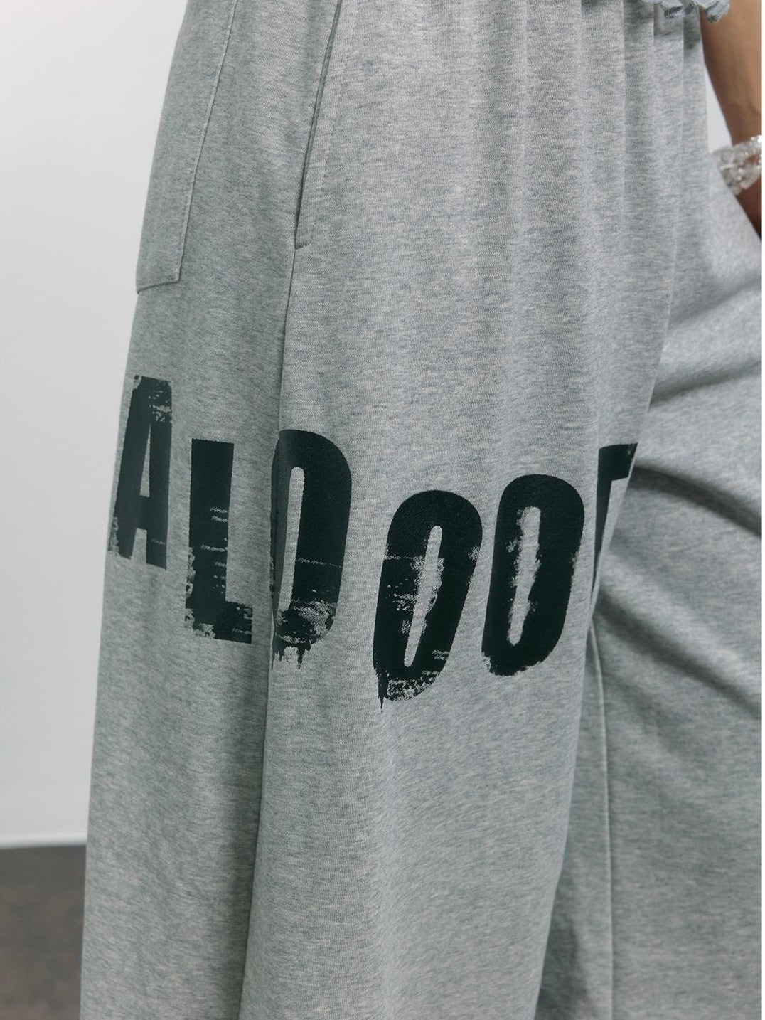 TOOOLAZY Gray Letter Print Lace Waist High Waist Women's Cotton Blend Wide-leg Pants