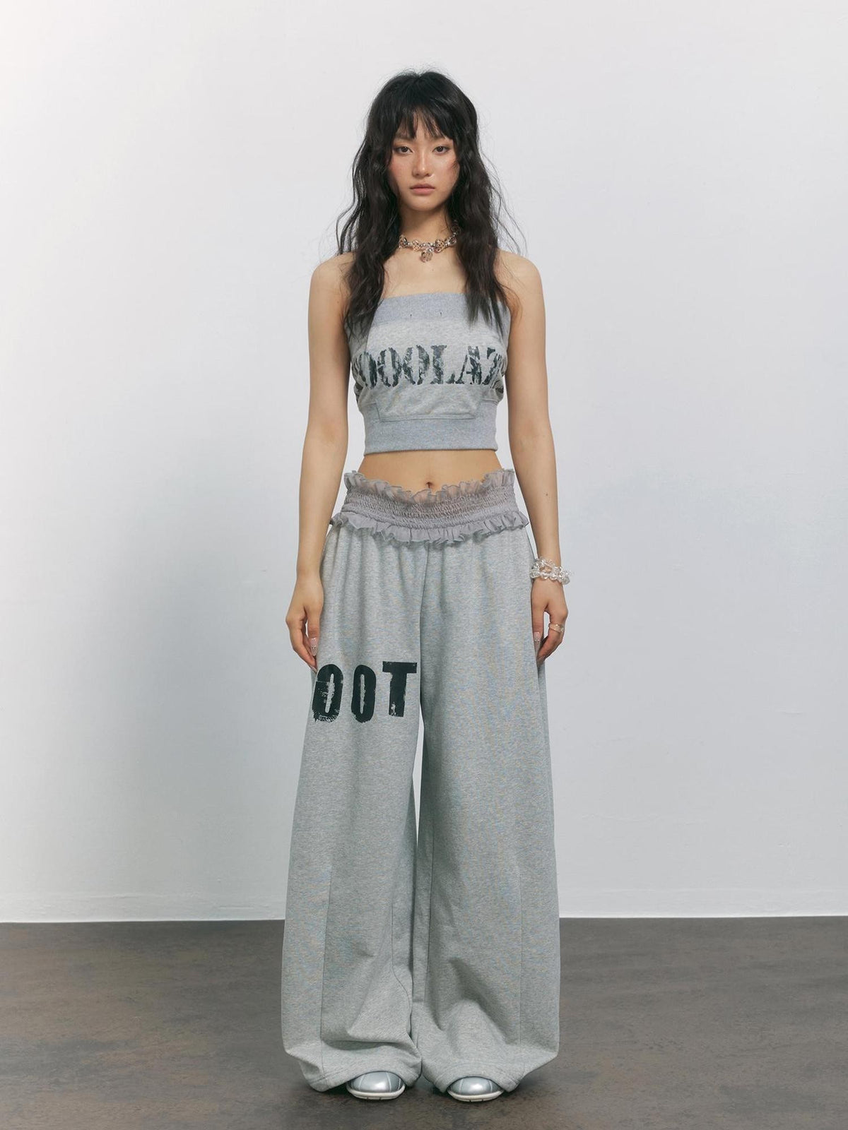 TOOOLAZY Gray Letter Print Lace Waist High Waist Women's Cotton Blend Wide-leg Pants