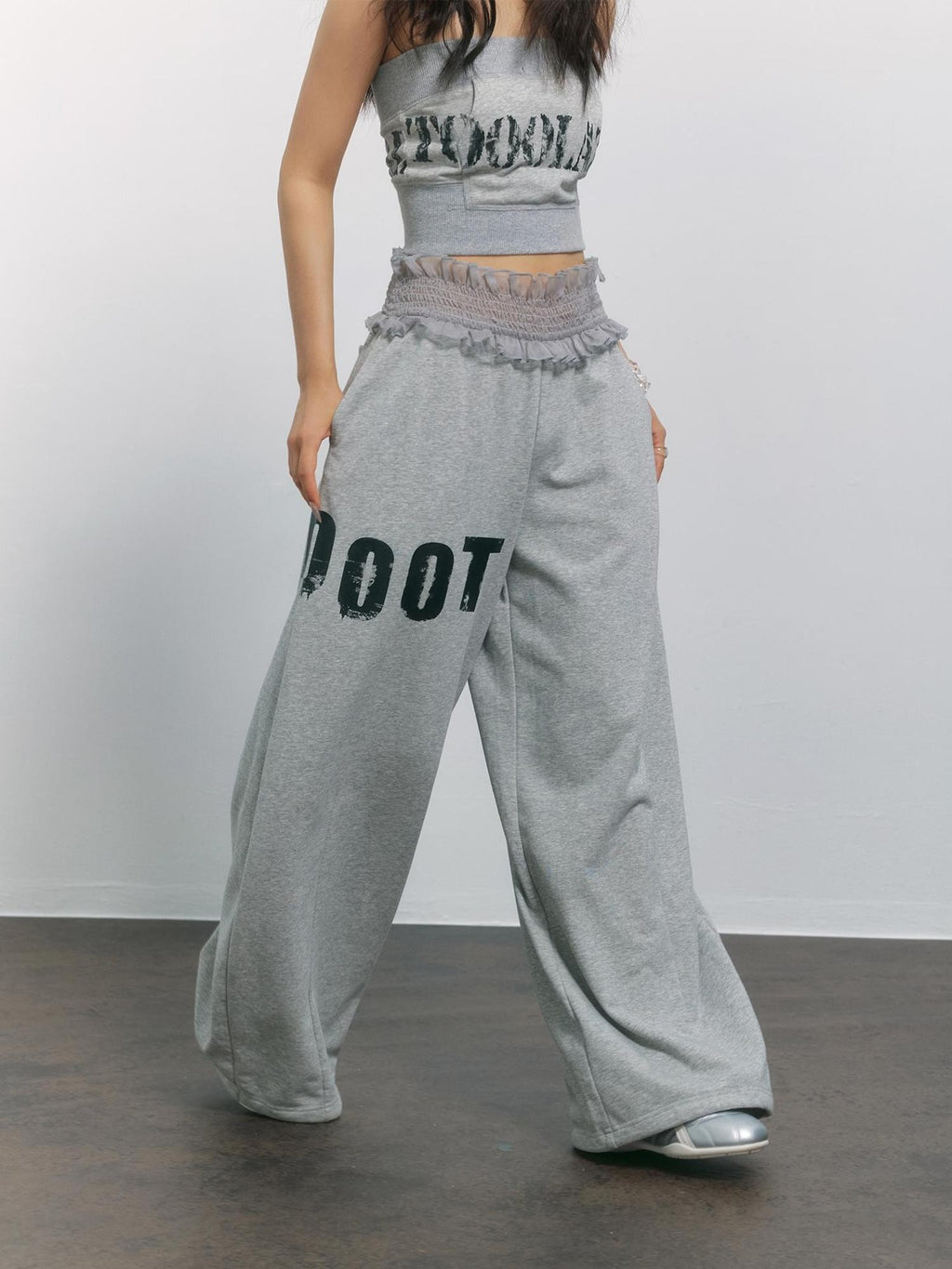 TOOOLAZY Gray Letter Print Lace Waist High Waist Women's Cotton Blend Wide-leg Pants