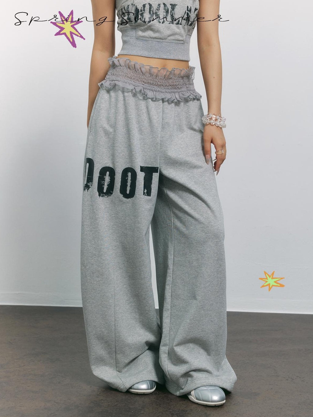 TOOOLAZY Gray Letter Print Lace Waist High Waist Women's Cotton Blend Wide-leg Pants