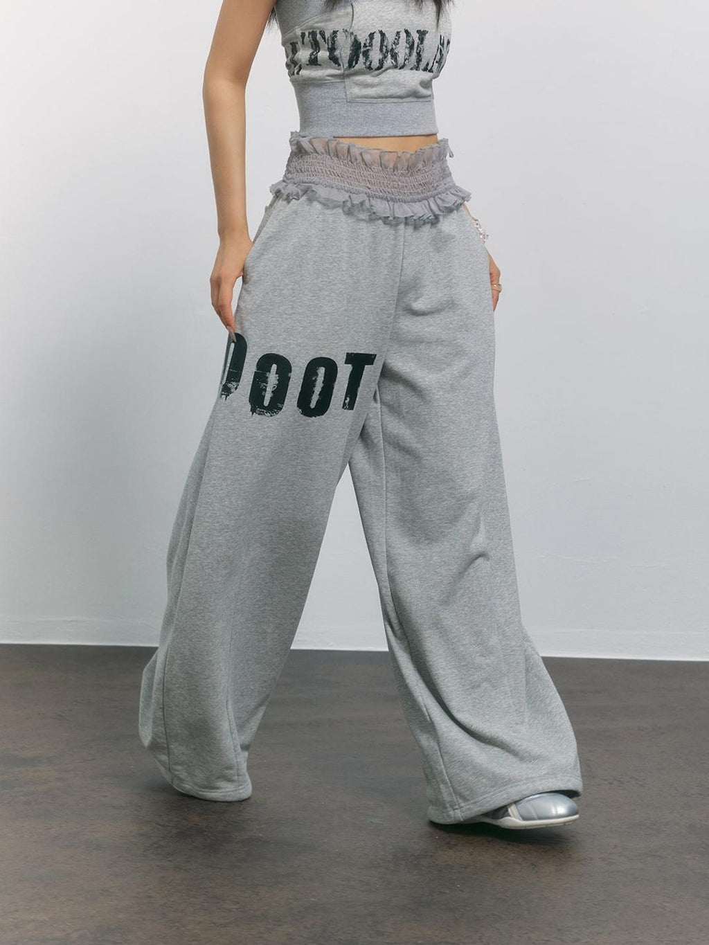 TOOOLAZY Gray Letter Print Lace Waist High Waist Women's Cotton Blend Wide-leg Pants