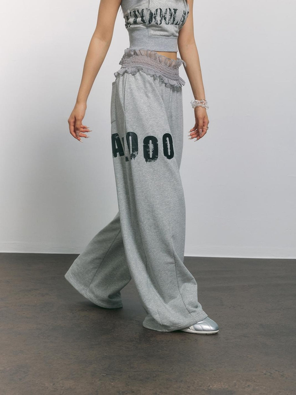 TOOOLAZY Gray Letter Print Lace Waist High Waist Women's Cotton Blend Wide-leg Pants