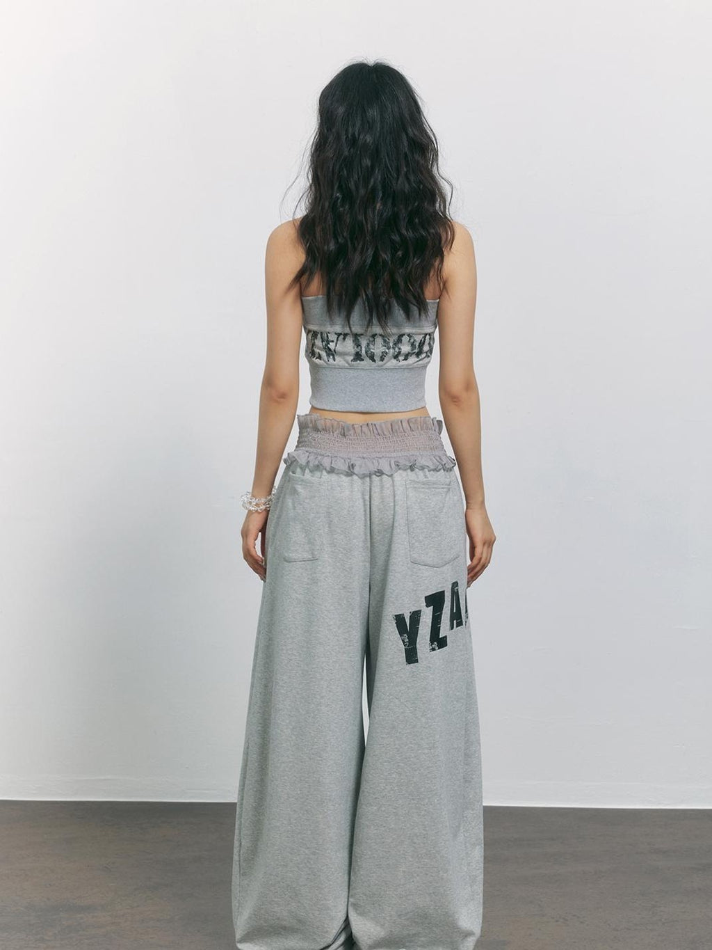 TOOOLAZY Gray Letter Print Lace Waist High Waist Women's Cotton Blend Wide-leg Pants