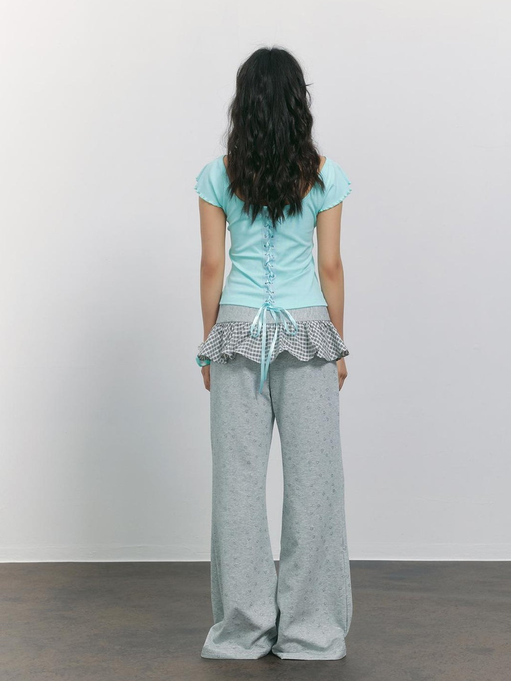 TOOOLAZY Gray Plaid Heart Ruffle High Waist Micro Flare Women's Viscose Blend Sweatpants