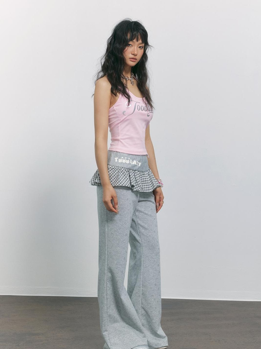TOOOLAZY Gray Plaid Heart Ruffle High Waist Micro Flare Women's Viscose Blend Sweatpants