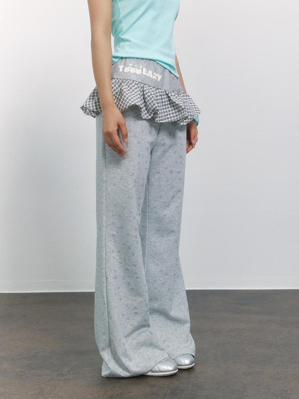 TOOOLAZY Gray Plaid Heart Ruffle High Waist Micro Flare Women's Viscose Blend Sweatpants