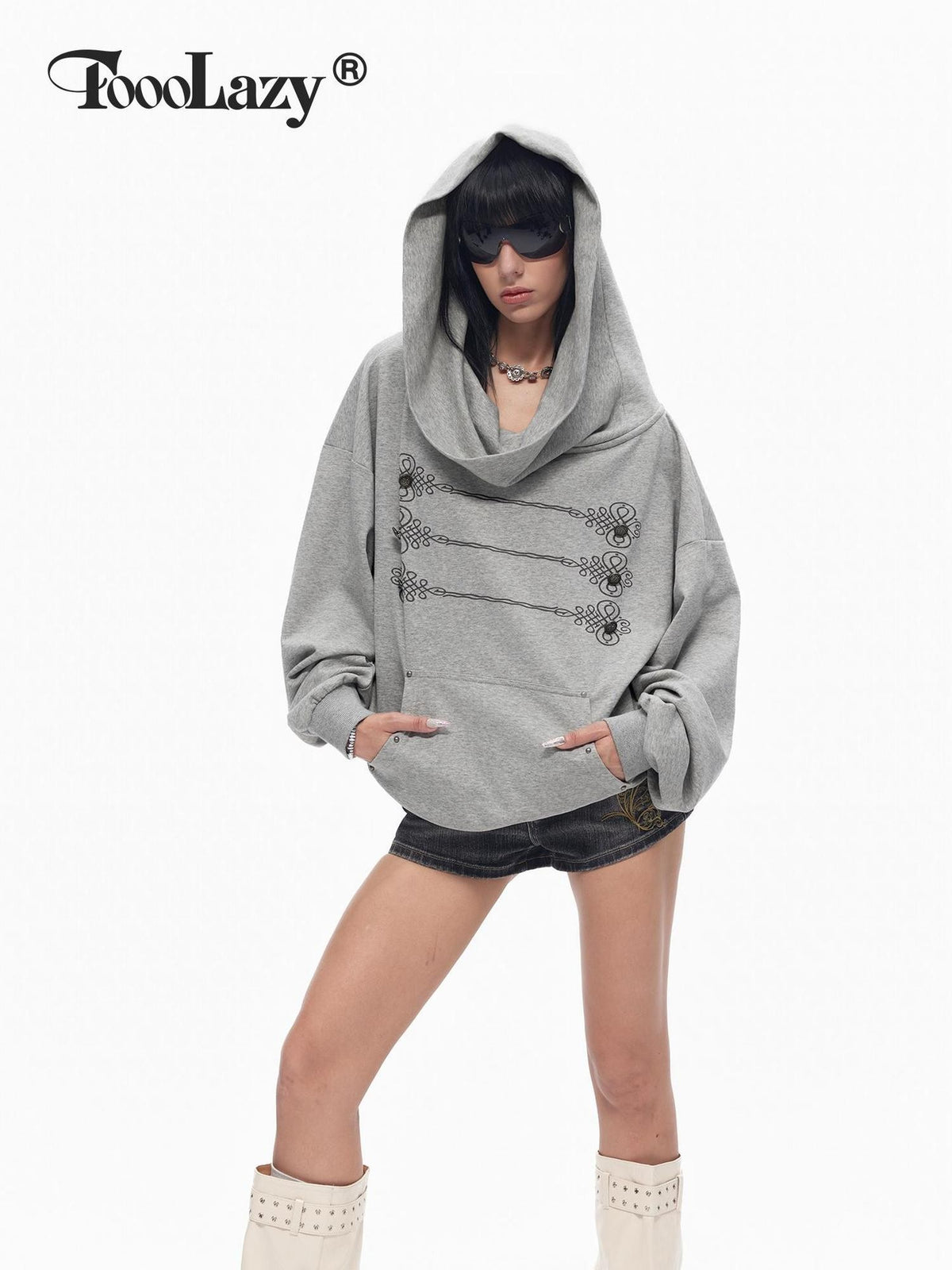 TOOOLAZY Grey American Draped Lapel Hooded Loose Women's Other Material Hoodies