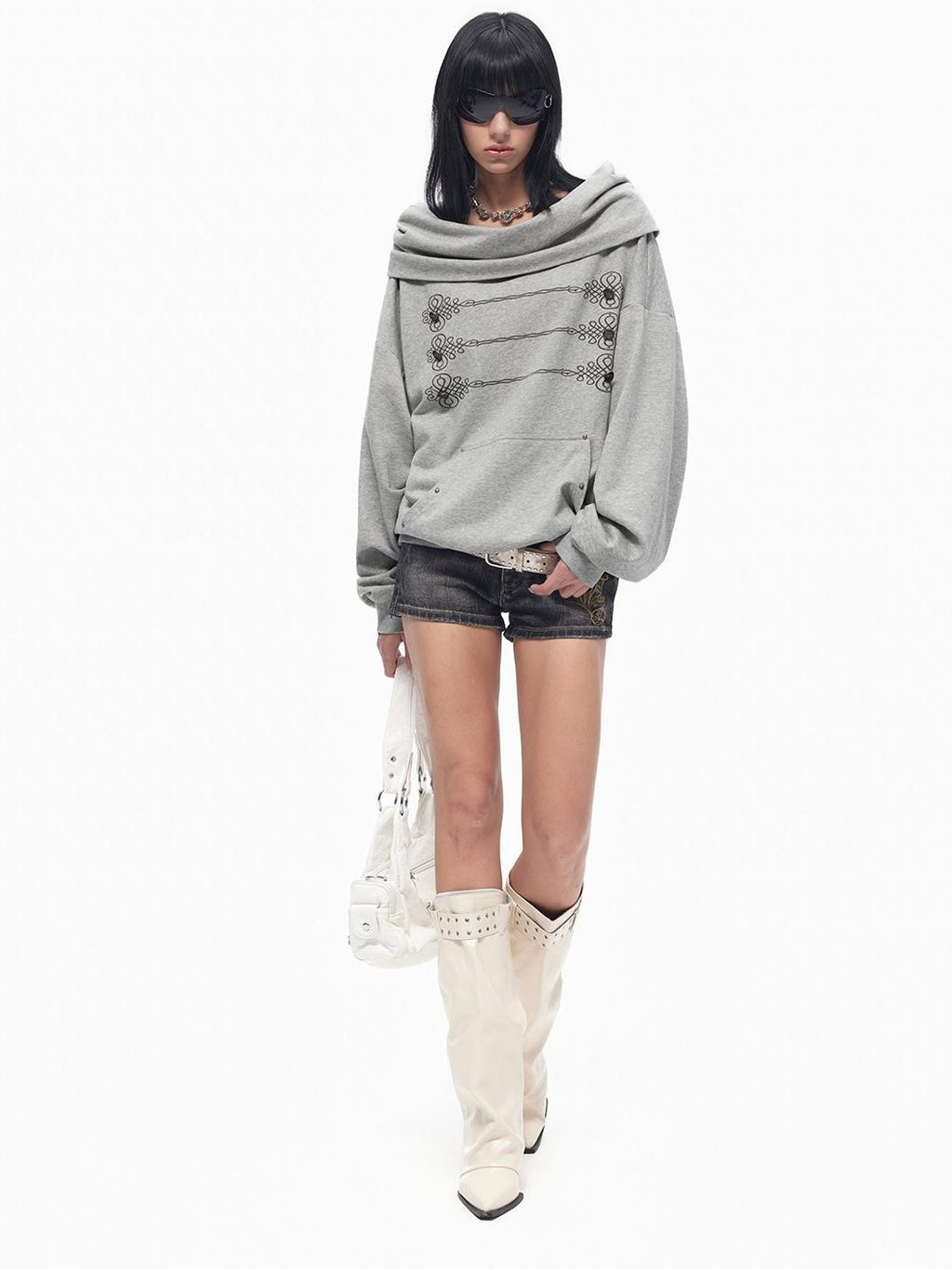 TOOOLAZY Grey American Draped Lapel Hooded Loose Women's Other Material Hoodies