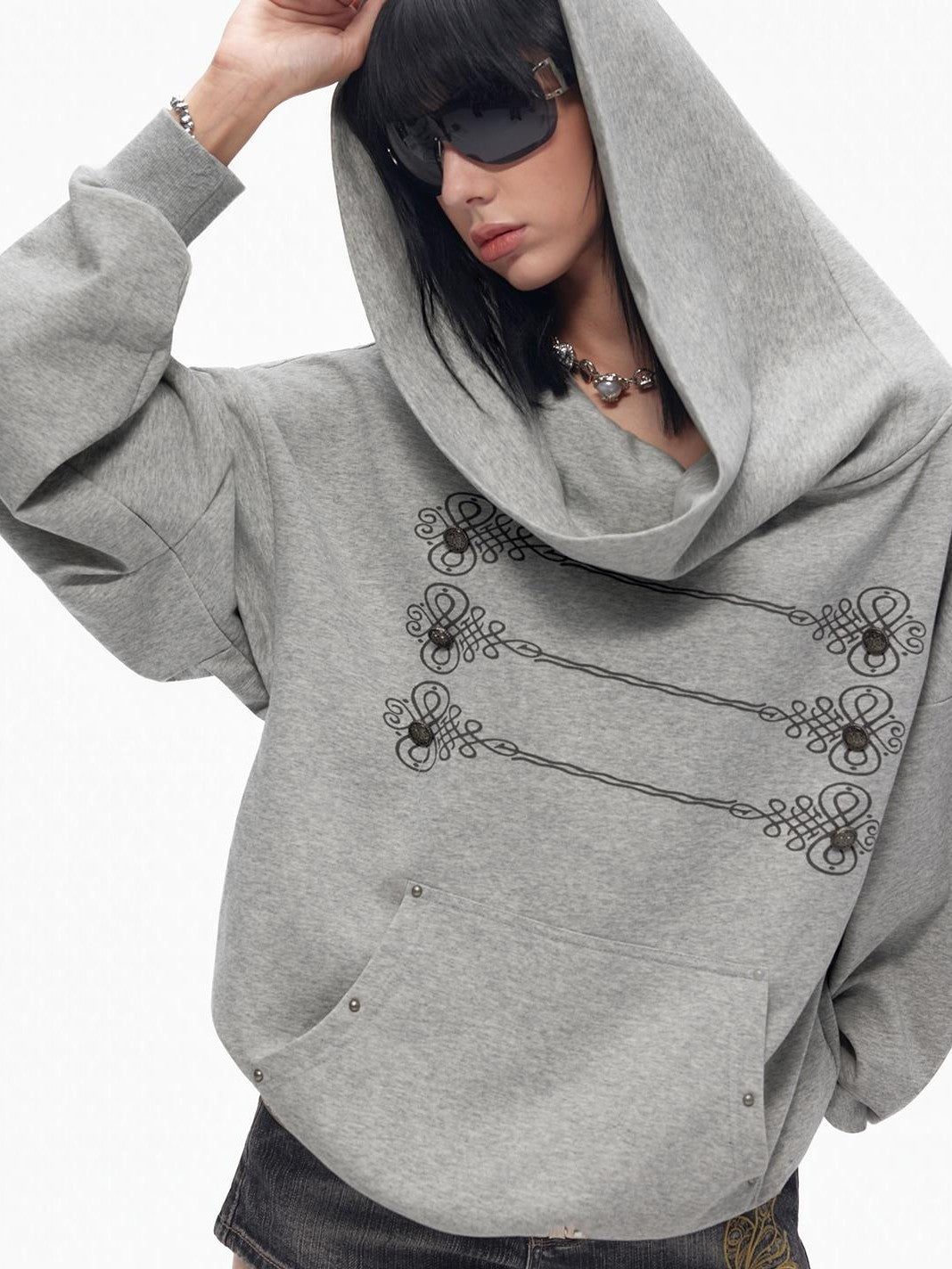 TOOOLAZY Grey American Draped Lapel Hooded Loose Women's Other Material Hoodies
