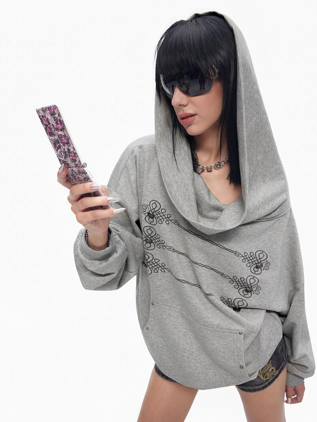 TOOOLAZY Grey American Draped Lapel Hooded Loose Women's Other Material Hoodies