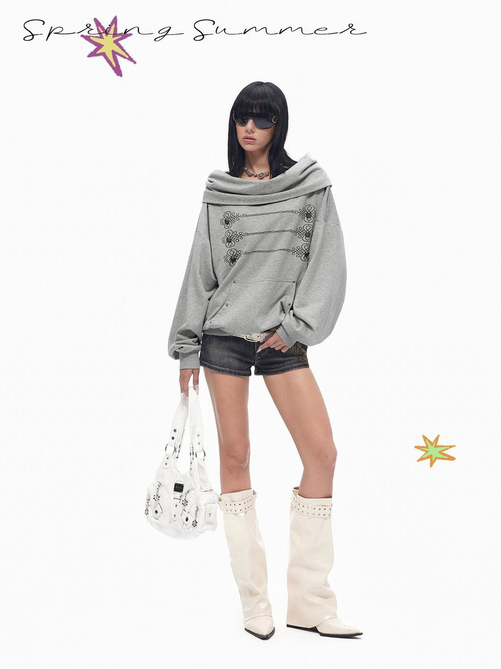 TOOOLAZY Grey American Draped Lapel Hooded Loose Women's Other Material Hoodies