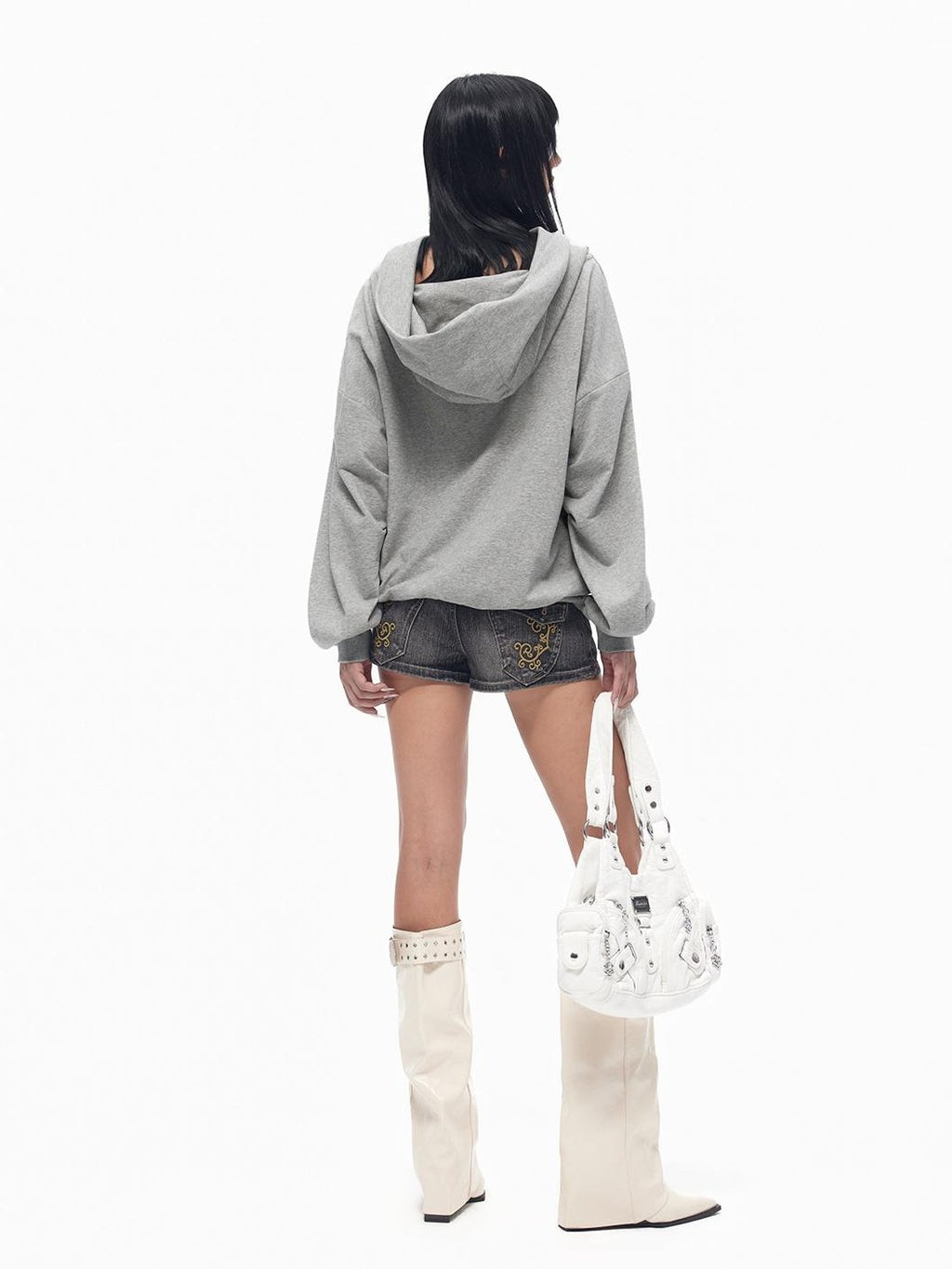 TOOOLAZY Grey American Draped Lapel Hooded Loose Women's Other Material Hoodies