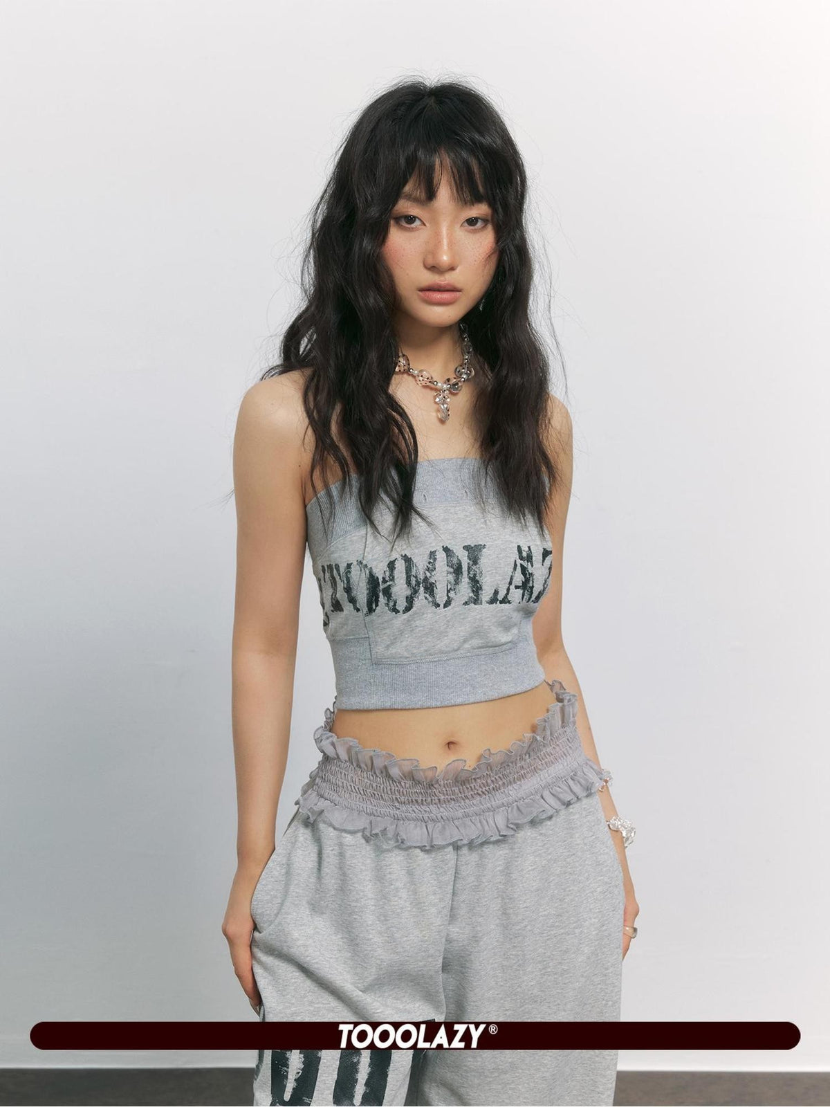 TOOOLAZY Grey Letter Print Sporty Slim Fit Cropped Street Women's Tube Tops