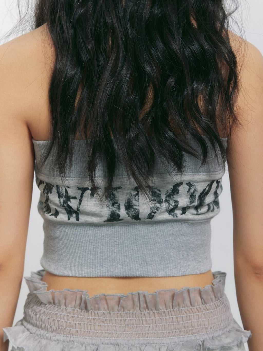 TOOOLAZY Grey Letter Print Sporty Slim Fit Cropped Street Women's Tube Tops