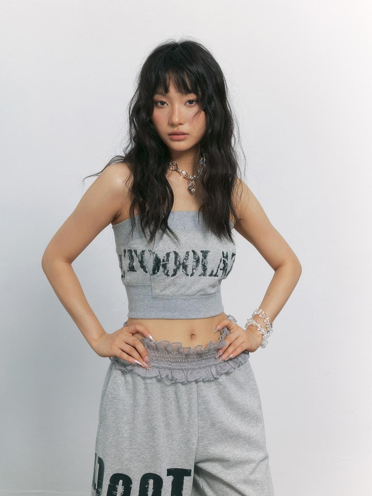 TOOOLAZY Grey Letter Print Sporty Slim Fit Cropped Street Women's Tube Tops