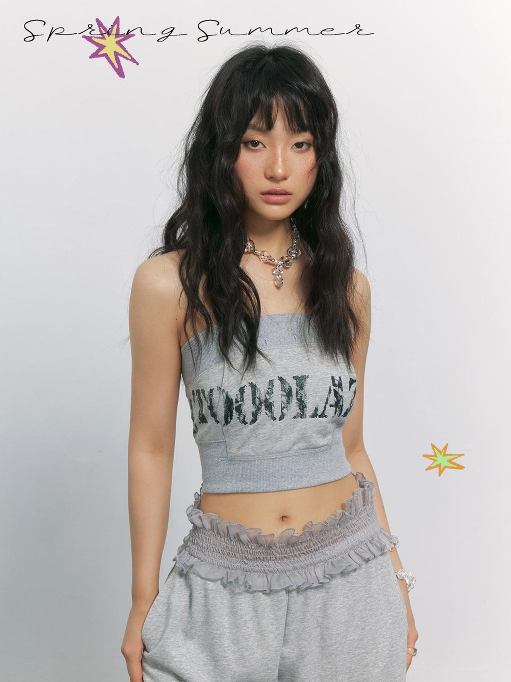 TOOOLAZY Grey Letter Print Sporty Slim Fit Cropped Street Women's Tube Tops