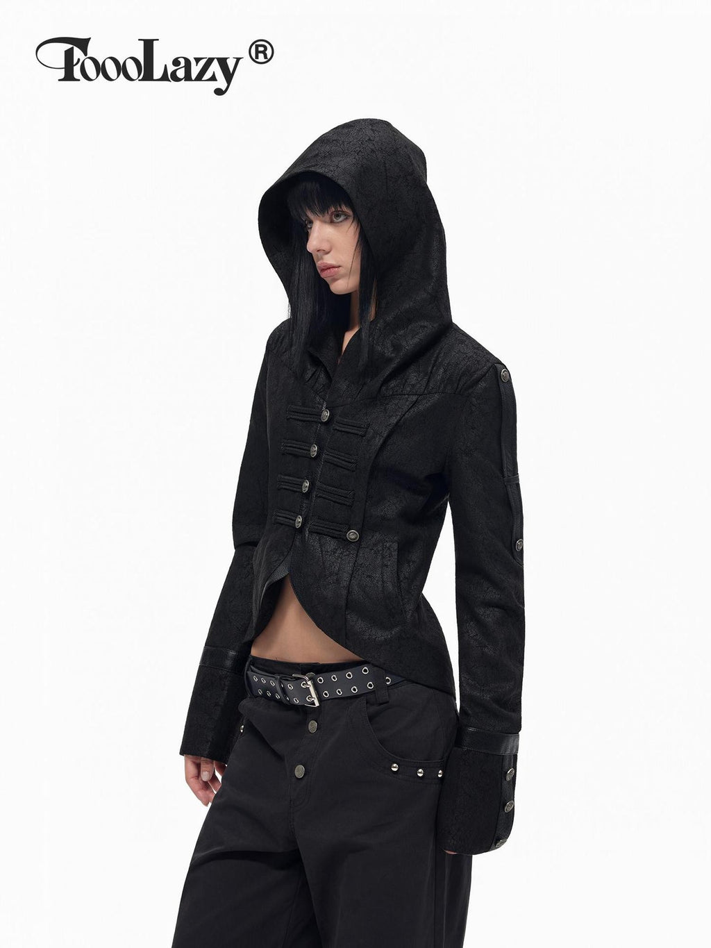 TOOOLAZY Hooded Napoleon Style Slim Fit Short Lapel Button Women's Pu Leather Jackets