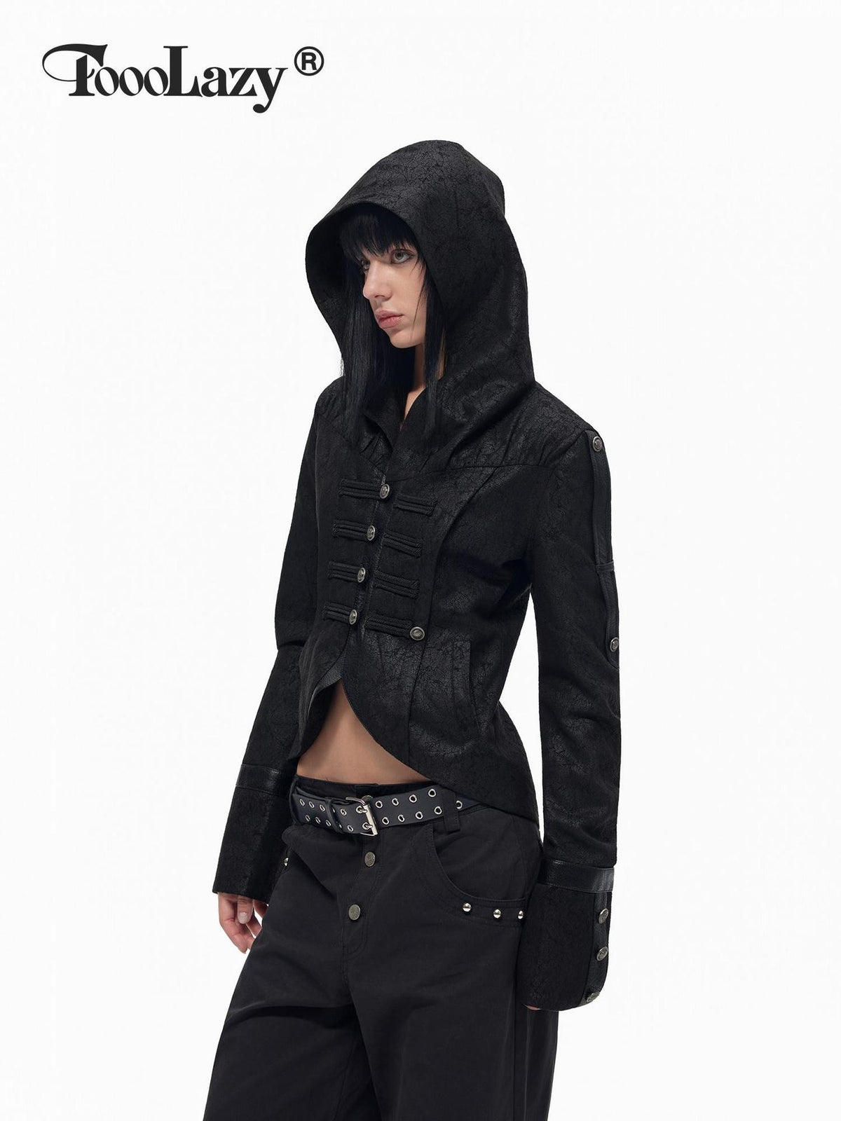TOOOLAZY Hooded Napoleon Style Slim Fit Short Lapel Button Women's Pu Leather Jackets