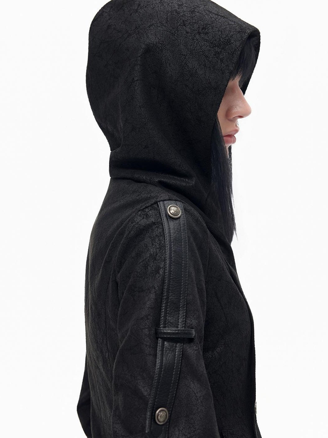 TOOOLAZY Hooded Napoleon Style Slim Fit Short Lapel Button Women's Pu Leather Jackets