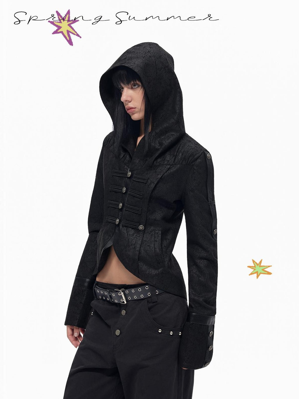 TOOOLAZY Hooded Napoleon Style Slim Fit Short Lapel Button Women's Pu Leather Jackets