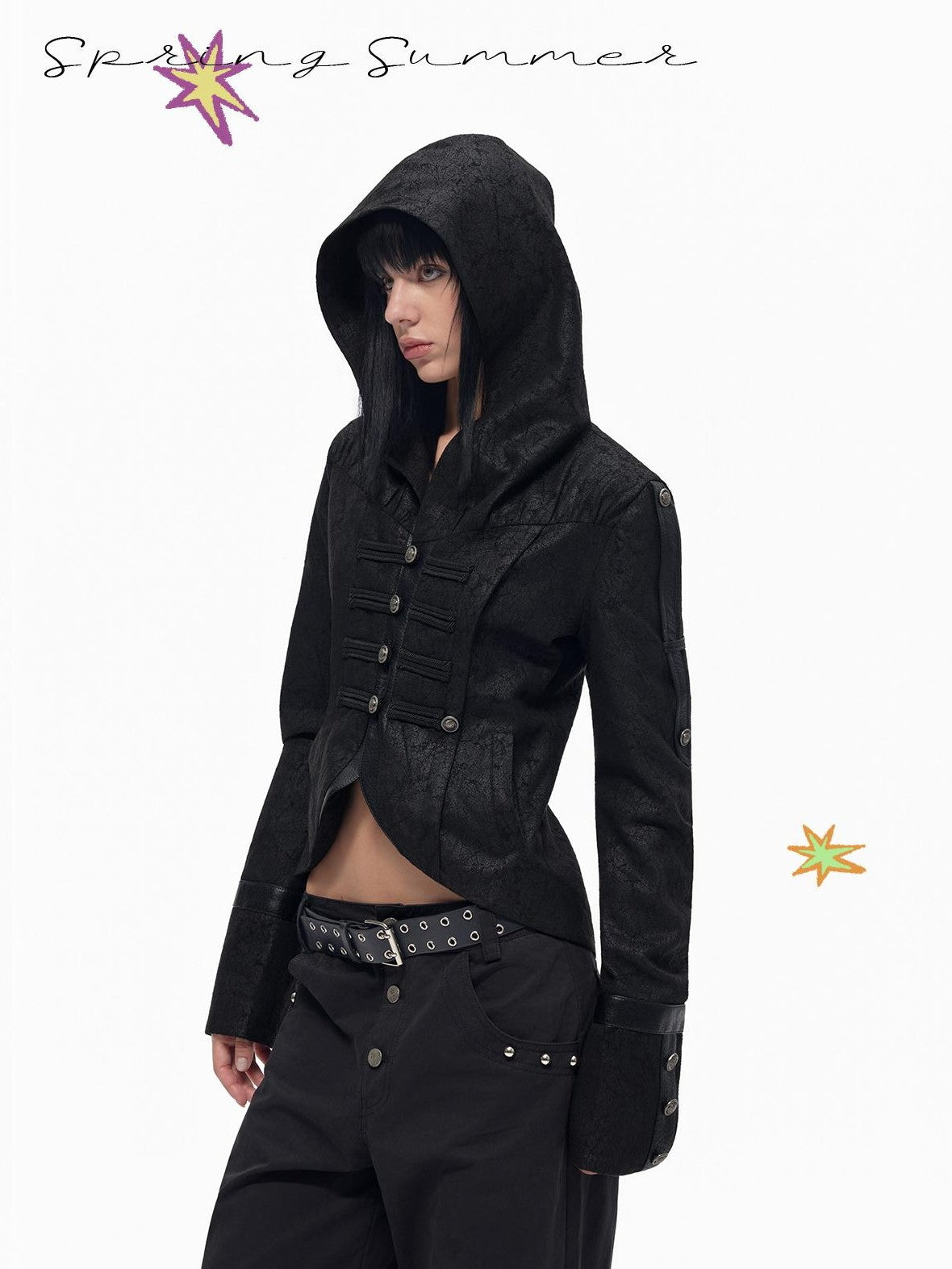 TOOOLAZY Hooded Napoleon Style Slim Fit Short Lapel Button Women's Pu Leather Jackets