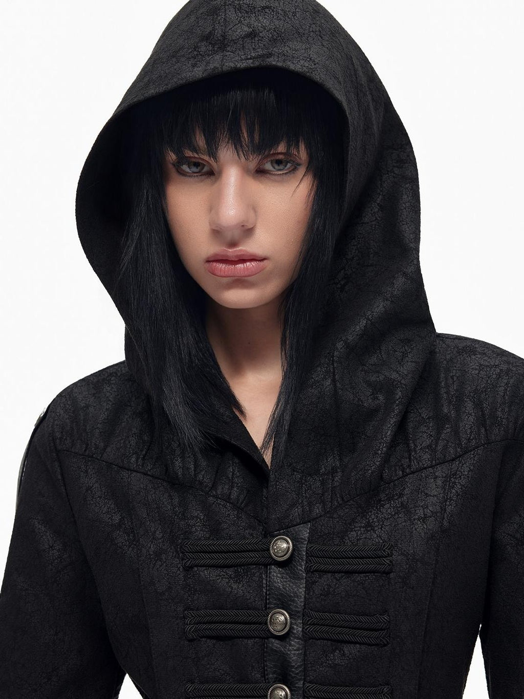TOOOLAZY Hooded Napoleon Style Slim Fit Short Lapel Button Women's Pu Leather Jackets