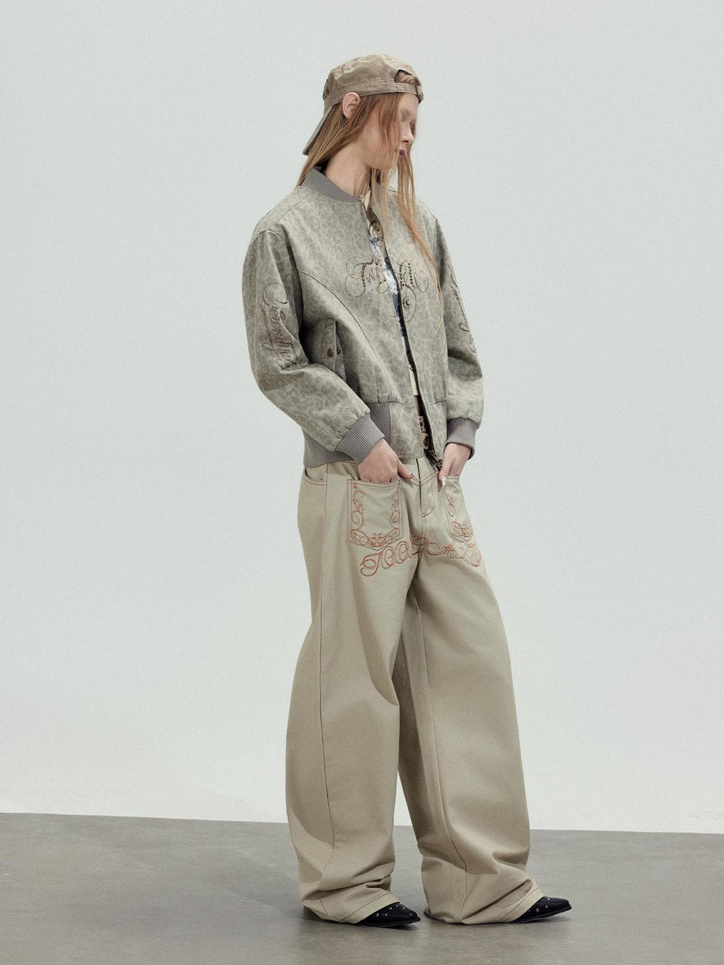 TOOOLAZY Khaki Letter Embroidered High Waist Relaxed Women's Cotton Palazzo Pants