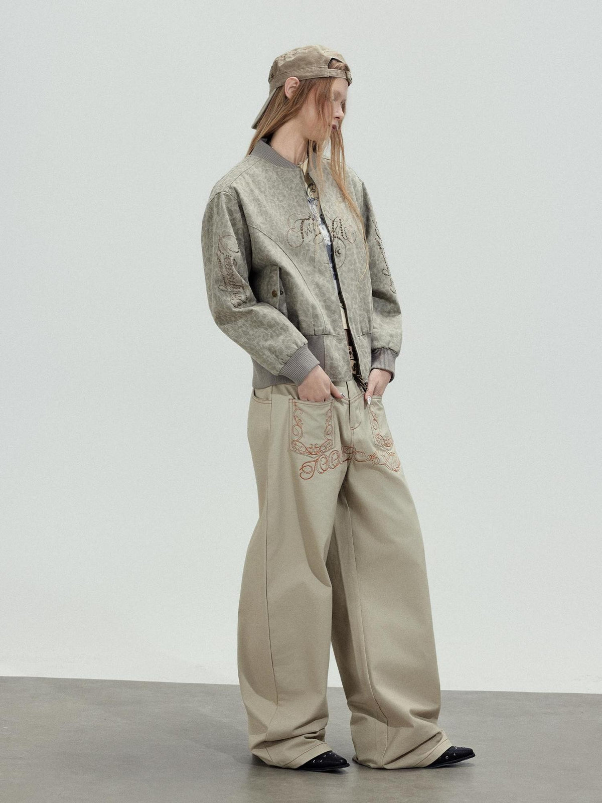 TOOOLAZY Khaki Letter Embroidered High Waist Relaxed Women's Cotton Palazzo Pants