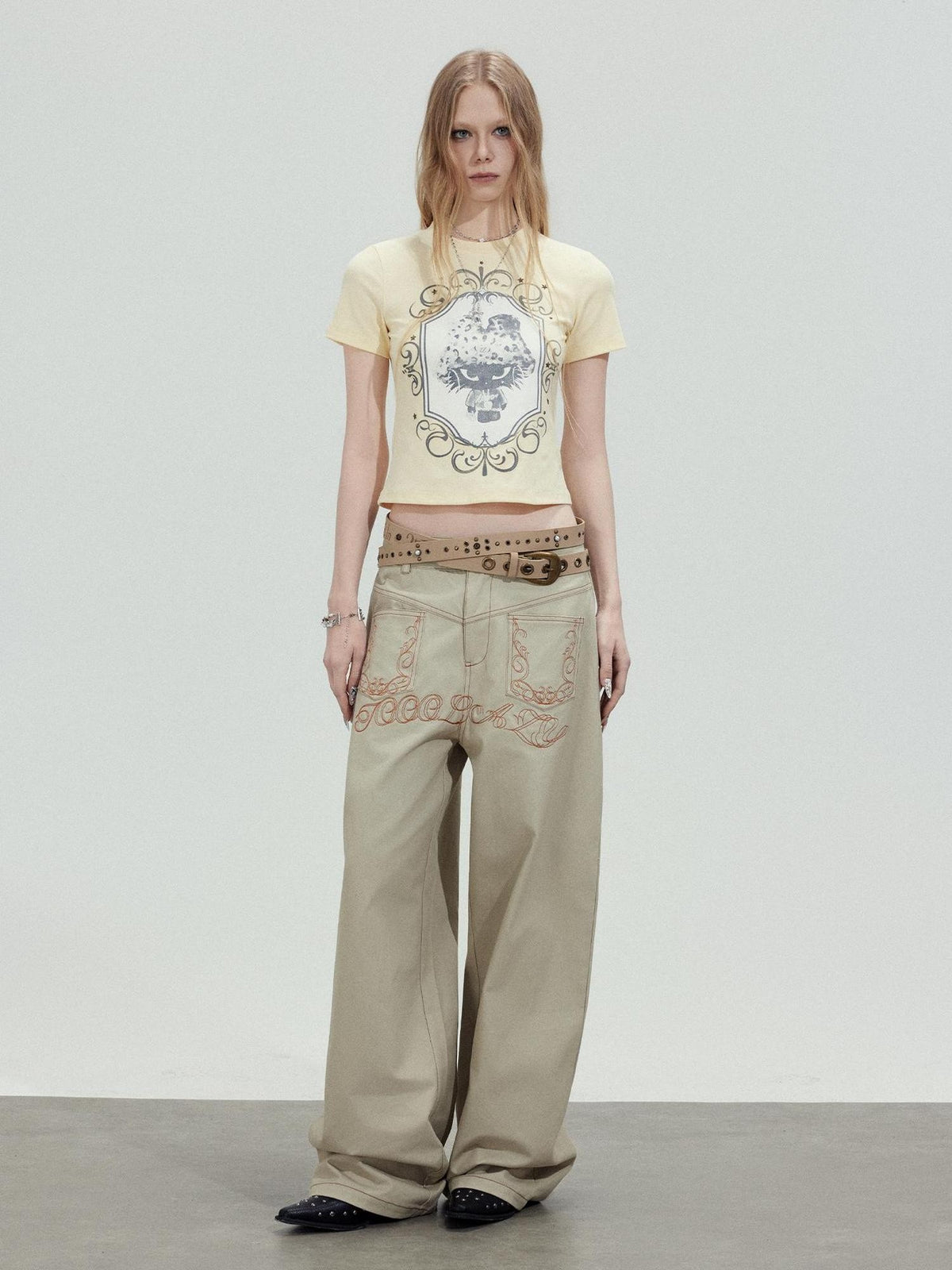 TOOOLAZY Khaki Letter Embroidered High Waist Relaxed Women's Cotton Palazzo Pants