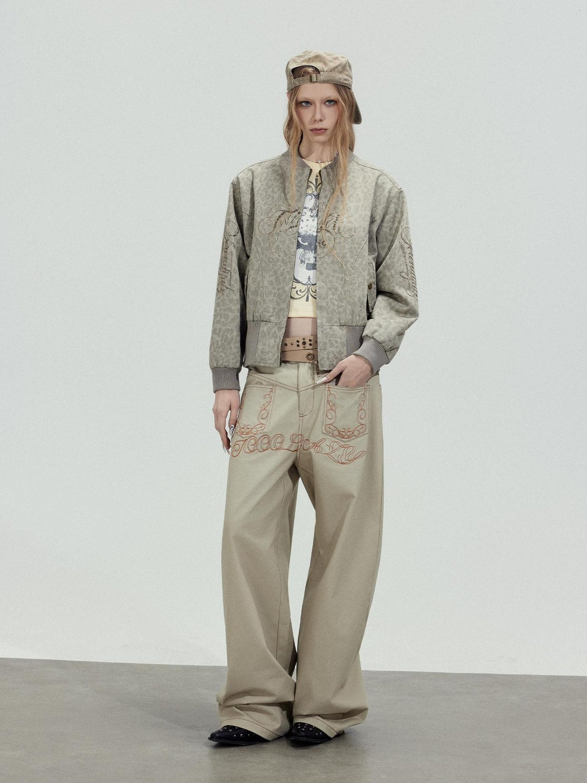 TOOOLAZY Khaki Letter Embroidered High Waist Relaxed Women's Cotton Palazzo Pants