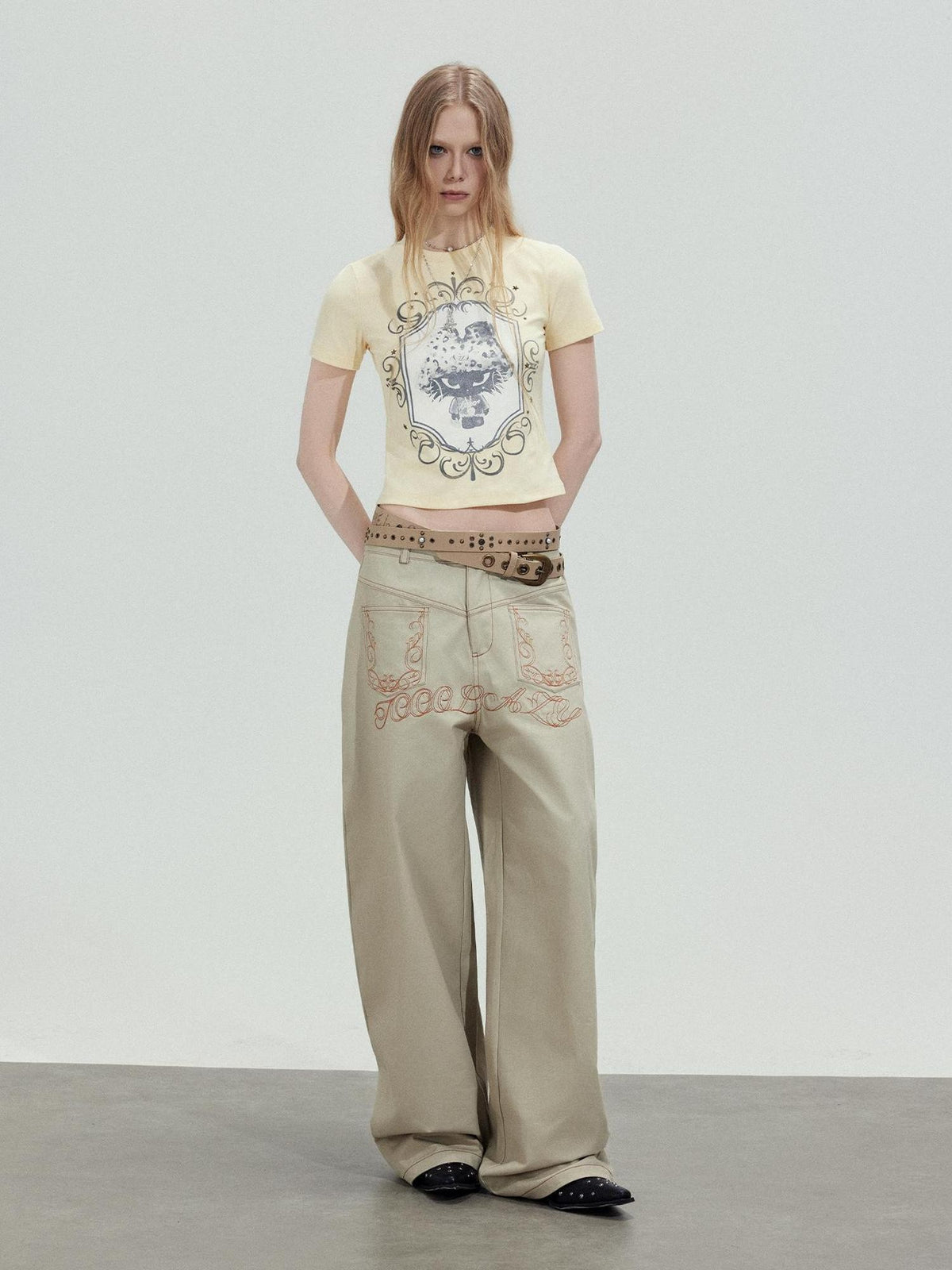 TOOOLAZY Khaki Letter Embroidered High Waist Relaxed Women's Cotton Palazzo Pants