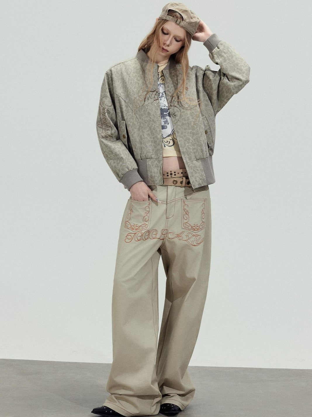 TOOOLAZY Khaki Letter Embroidered High Waist Relaxed Women's Cotton Palazzo Pants