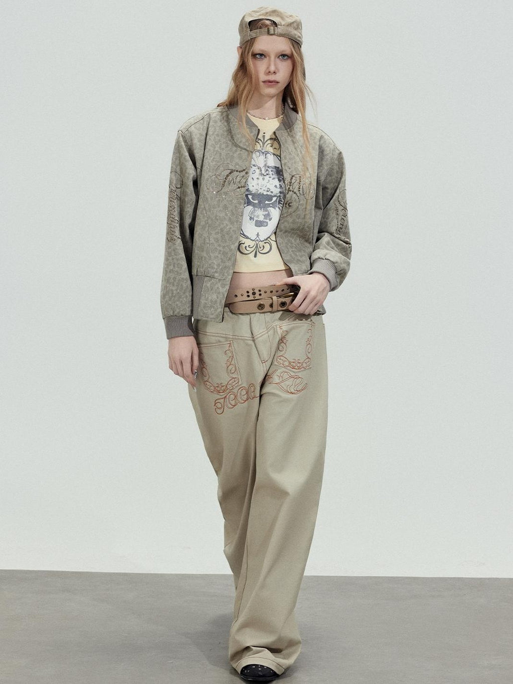 TOOOLAZY Khaki Letter Embroidered High Waist Relaxed Women's Cotton Palazzo Pants