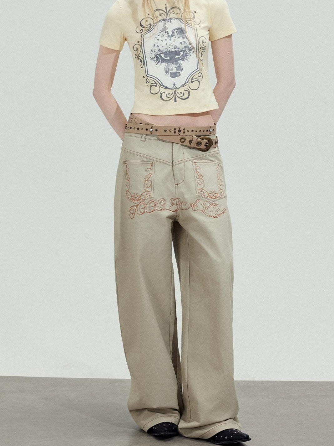 TOOOLAZY Khaki Letter Embroidered High Waist Relaxed Women's Cotton Palazzo Pants