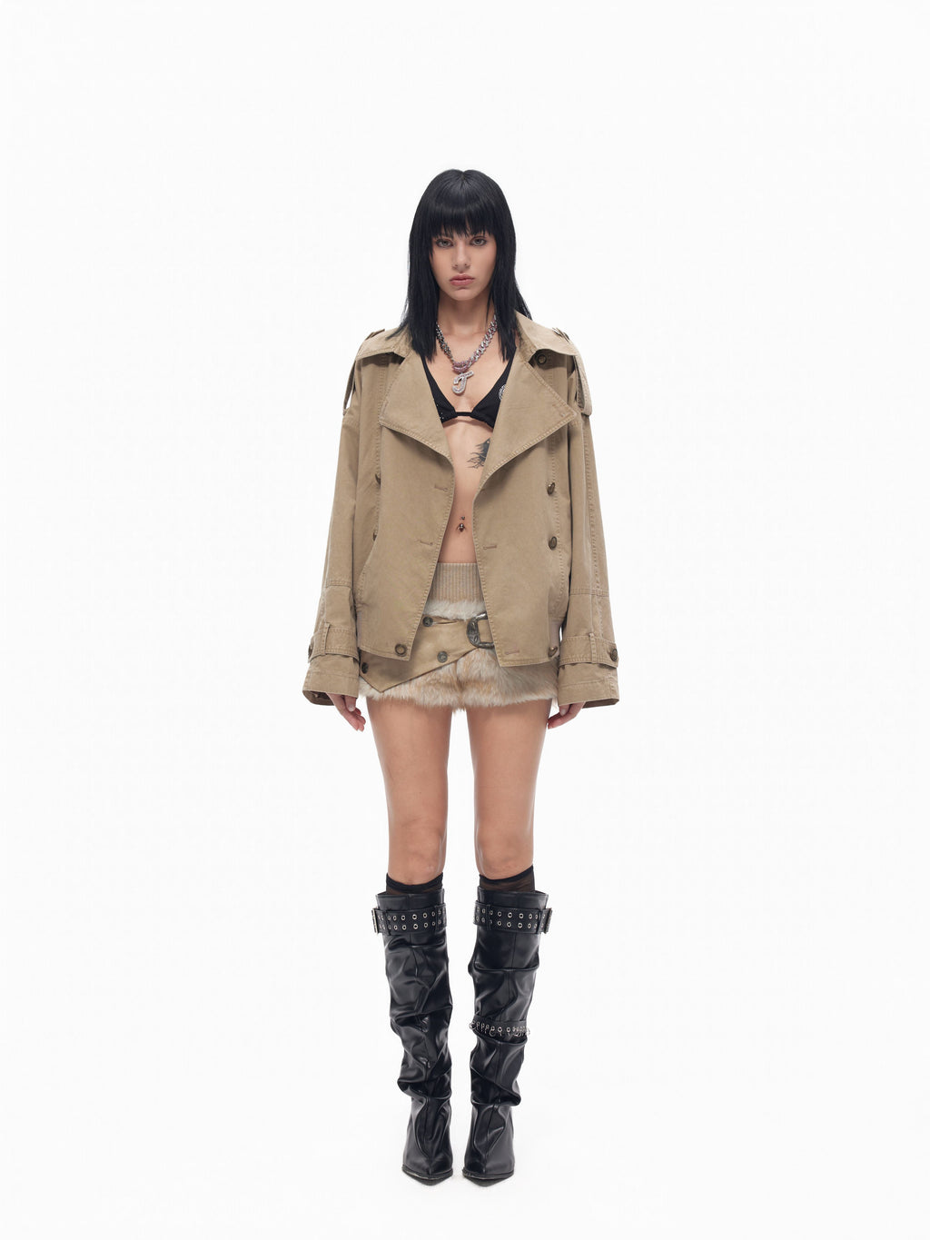 TOOOLAZY_Khaki_Utility_Distressed_Short_Double_Breasted_Women's_Trench_Coats_1071070773466_MISSTT