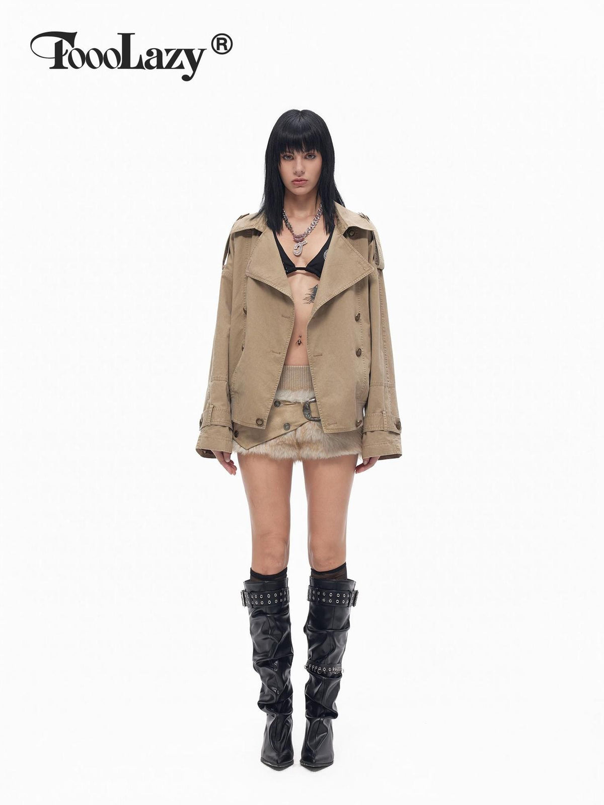 TOOOLAZY Khaki Utility Distressed Short Double Breasted Women's Trench Coats