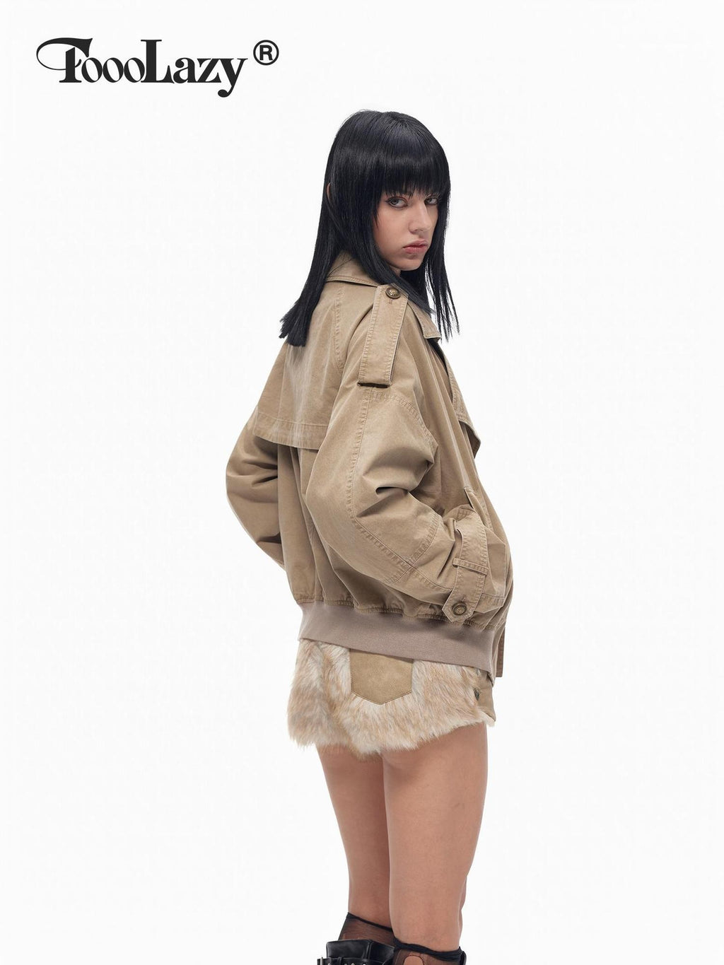 TOOOLAZY Khaki Utility Distressed Short Double Breasted Women's Trench Coats