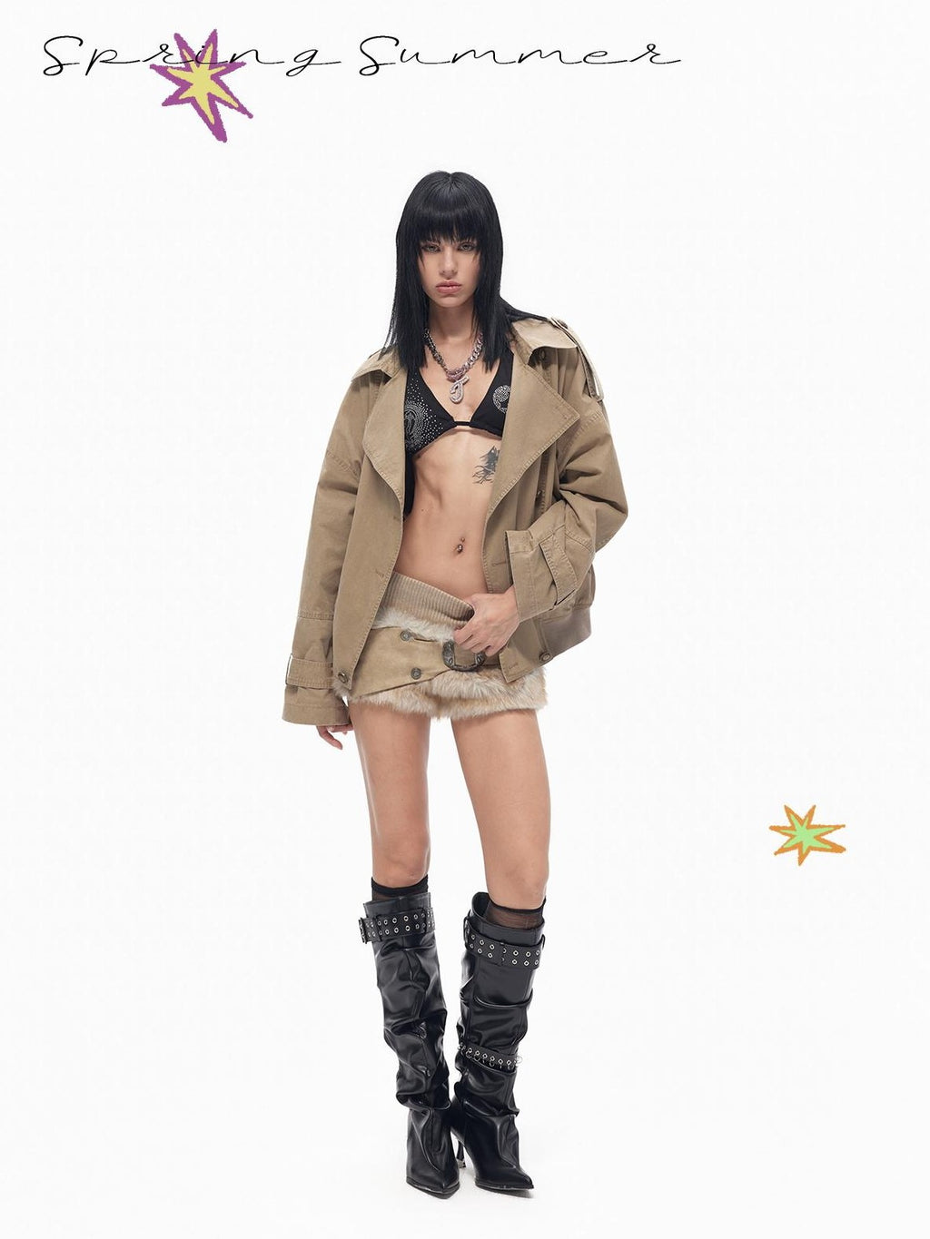 TOOOLAZY Khaki Utility Distressed Short Double Breasted Women's Trench Coats