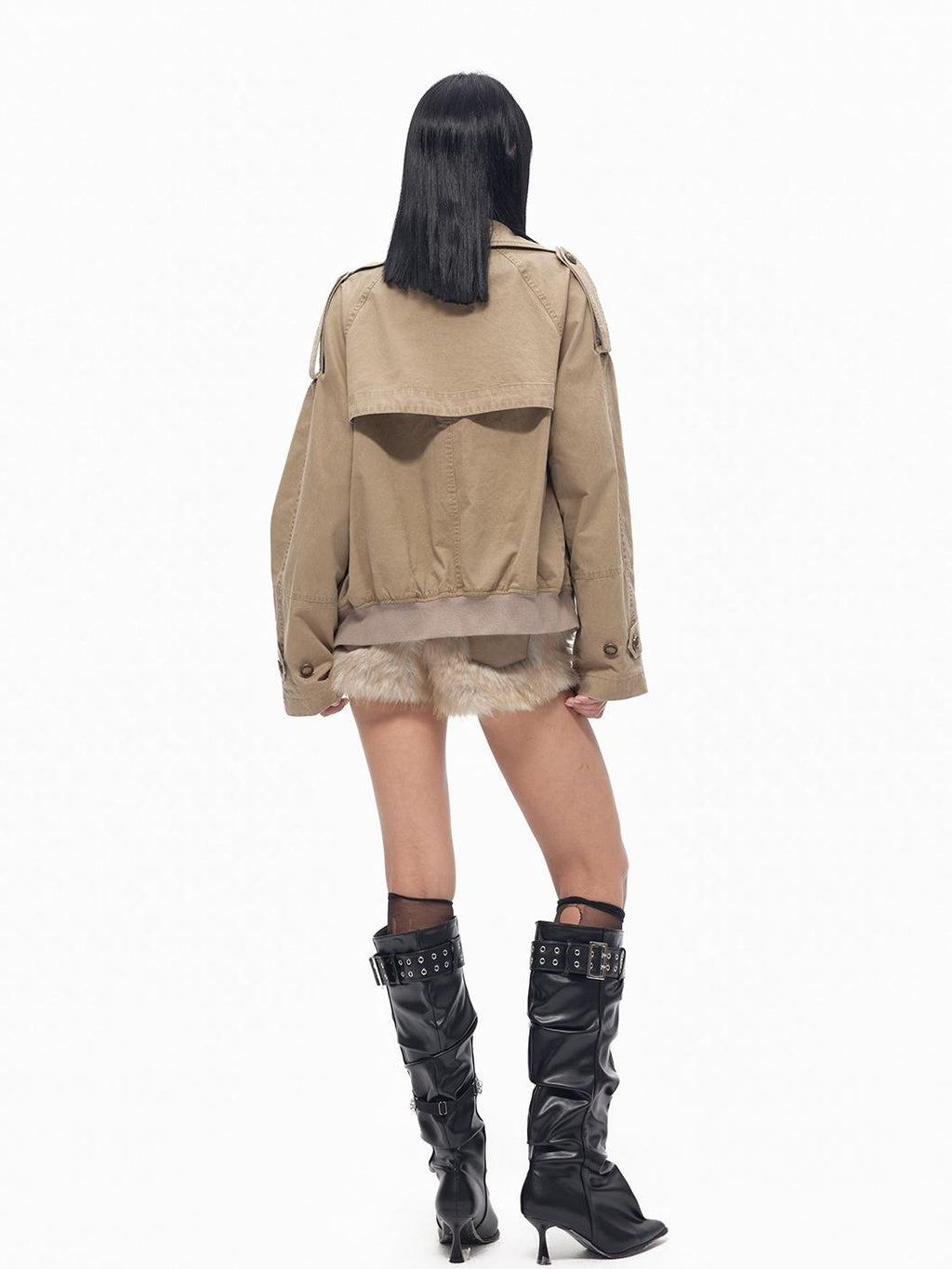 TOOOLAZY Khaki Utility Distressed Short Double Breasted Women's Trench Coats